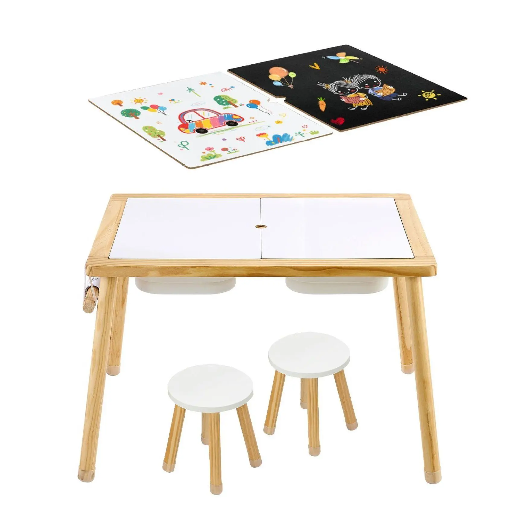 VEVOR Wooden Sensory Table for Toddlers - Includes Stools (2 Seats), Double-Sided Board, Storage Bins, Non-Slip Feet, Sand/Water Play, Drawing - Preschool Kids Outdoor Furniture Set