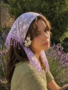 Women's Floral Lace Triangle Scarf, Single Color Hollow Out Comfortable Fringe Shawl, Breathable Fashion Accessory for All Seasons