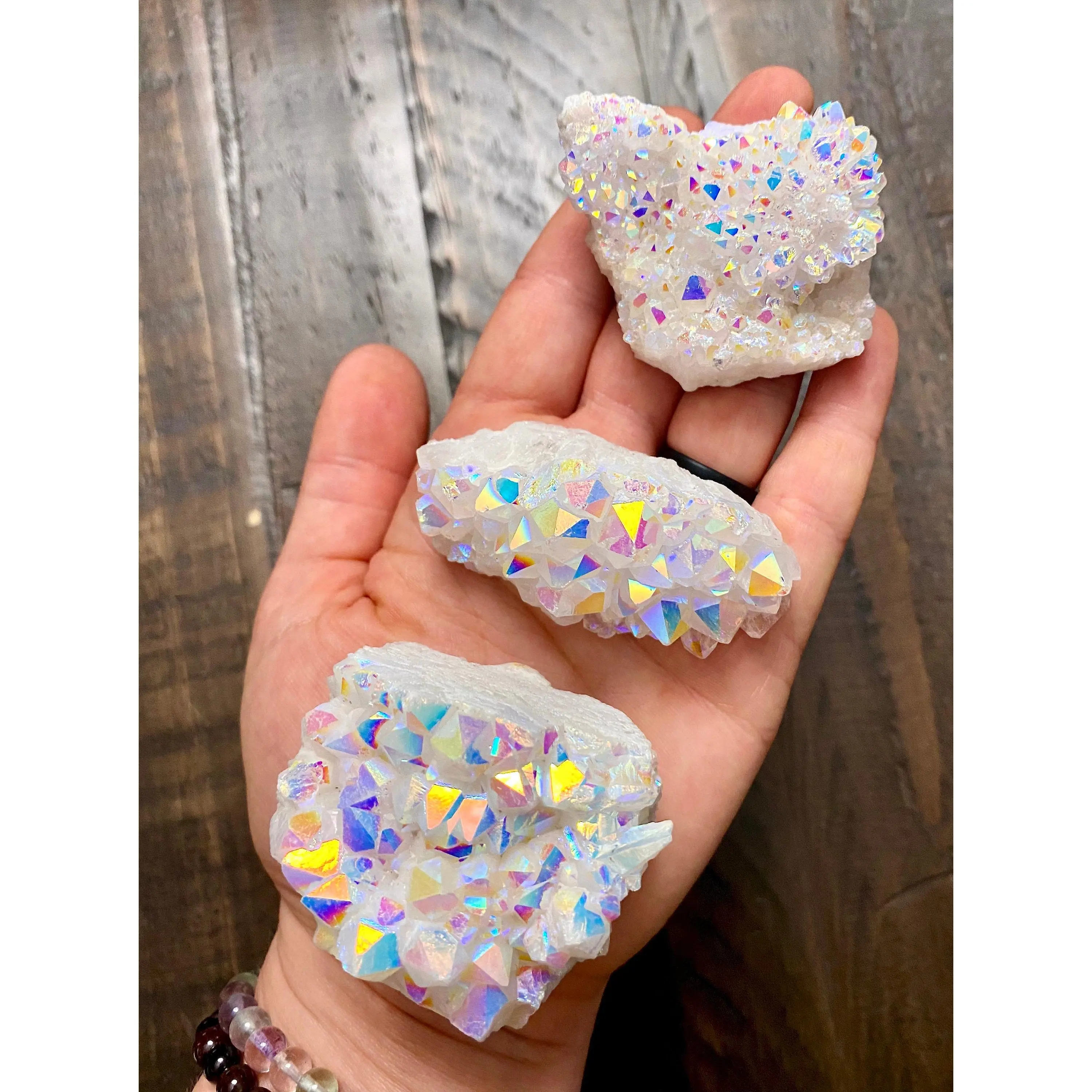 New Moon Beginnings Raw Angel Aura Quartz Crystal Cluster with Colorful Glitter Finish