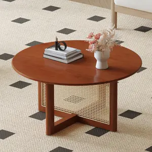 [Bellemave] 33.5" Round Solid Wood Coffee Table with Faux Rattan Base| Boho Modern Accent Table for Living Room