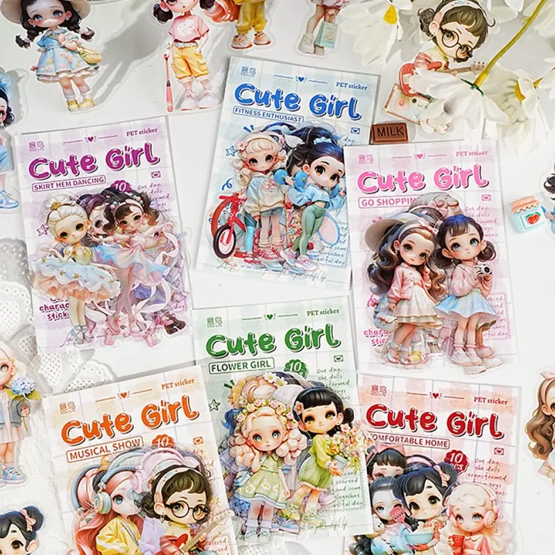 Cute Girl Stickers Set, Sticker Sheets, Pet Material, Adorable Design, Girls' Diary Decoration, Creative Theme Materials Scrapbooking DIY Scrapbook Frame Album Cup Calendar, DIY Decorative Stickers