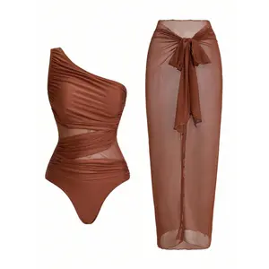 Women's Solid Color Ruched Mesh Panel One-Piece Swimsuit With Sarong Skirt For Summer Beach Vacation Women's Solid Color Ruched Mesh Panel One-Piece Swimsuit With Sarong Skirt For Summer Beach Vacation