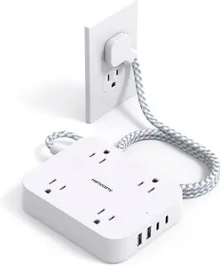 Flat Plug Extension Cord 5ft Power Strip – 4 AC Outlets + 4 USB Ports (2 USB-C) – Wall Mount Surge Protector, Desk Charging Station for Home, Office, Dorm & Travel