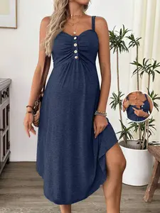 DAISY x Cheriluna Maternity Casual Comfortable Solid Color Pleated Button Breastfeeding Camisole Dress
