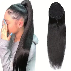 "Straight Human Hair Drawstring Ponytail Extension for Women, Clip-In Secure Fit, 10-28 Inch 100g/Pack, Natural Basic Style for All "	