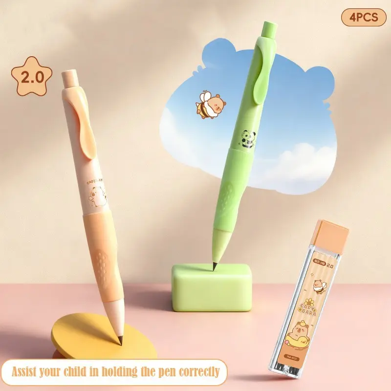 Kids' Cartoon Panda-Capybara Ergonomic Grip Automatic Pencil Set (4 Pieces) - Fun Design, Refill Leads, Eraser | Office Stationery Writing Tool