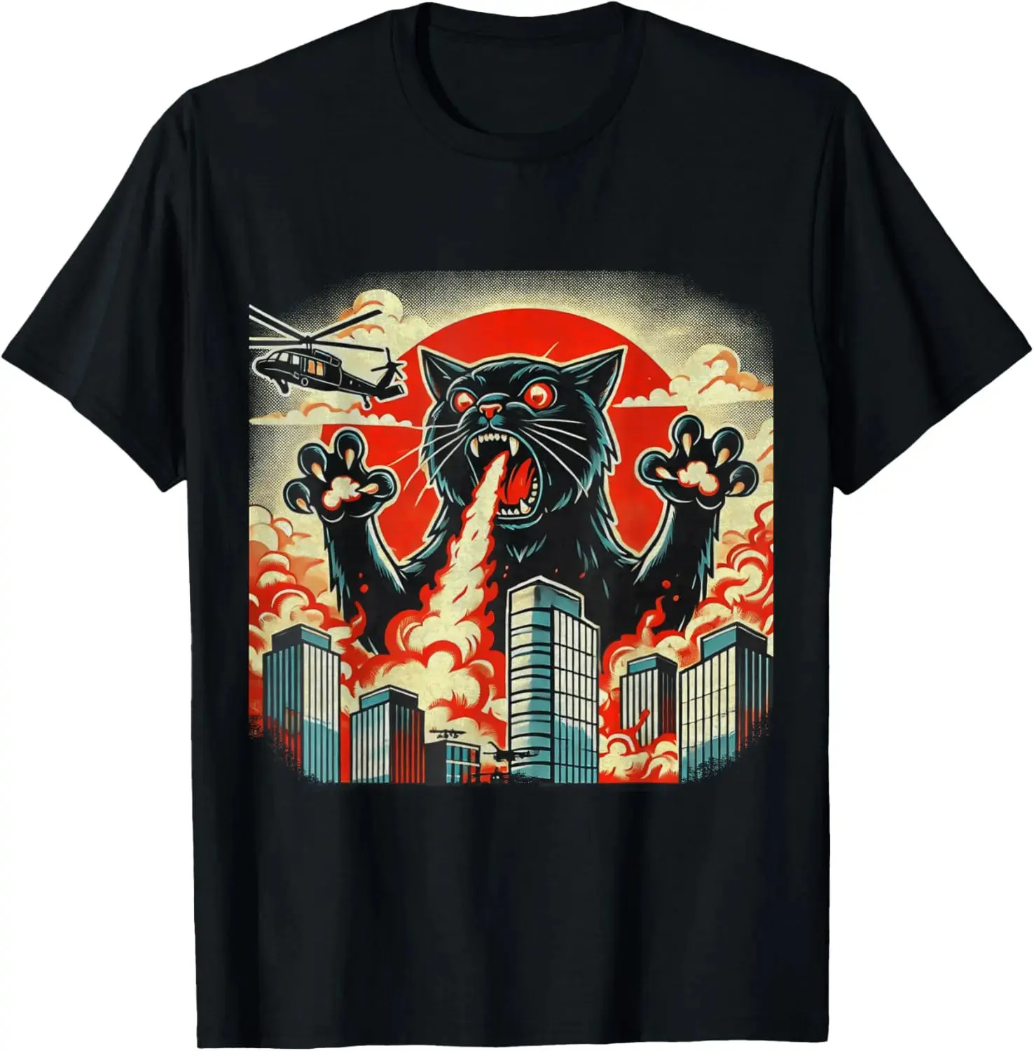 Casual Cotton shortsleeve funny graphic tees Catzilla Cat Japanese Art Funny Cat Gifts For Men Women  T-Shirt 0714D 818