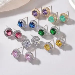 Vintage Crystal Square Emerald Amethyst Ruby Citrine Paraiba Earrings Square Sqpphire Earrings Rhinestone Square Earrings Blue Crystal Square Stud Earrings Blue Sapphire Stud Earrings for Women