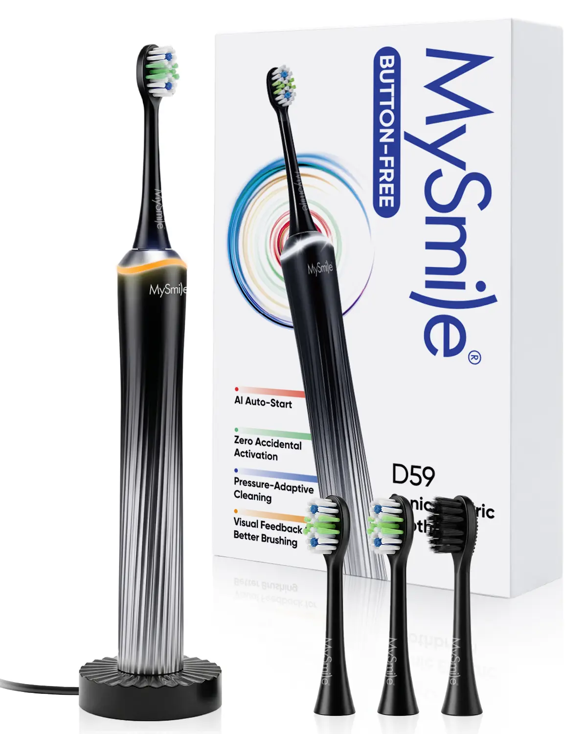 MySmile Sonic Electric Toothbrush for Adults with Deep Cleaning Mode, Pressure Sensor & Visual Light Ring - Cordless with Wireless Charger, 3 Brush Heads & 1-Year Warranty, Glacier Noir, Batteries, Deep Clean Mode, Cleansing