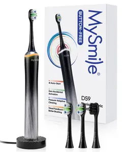 MySmile Advanced Pro Button-Free Sonic Electric Toothbrush with Pressure Sensor, Visual Light Ring, Rechargeable Travel Toothbrush for Adults, 3 Brush Heads Included, Glacier Noir