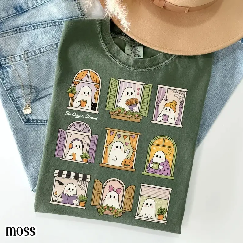 Spooky Halloween Ghost Comfort Colors Shirt Too Cozy To Haunt Tee Bookish Librarian Reader T-Shirt Kawaii Cottagecore Fall Season Top Cute Book Lover Reading Gift Women's Graphic Tee