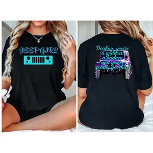Jeep Girl Front Back Design Unisex Short Sleeve Crew Neck T Shirt for Women Summer Casual Streetwear Purple Teal Print