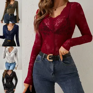 Women's Lace Mesh Tops Long Sleeve Floral Lace See-Through Blouse Sheer Mesh Layering Top Inner & Outer Wear for Stylish Layering