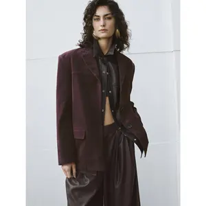 URBAN REVIVO 2026 Spring Women's Elegant Minimalist Medium-Length Relaxed Long-Sleeve Polyester Velvet Single-Breasted Notched Collar Basic Blazer Outerwear, Polyester Fabric Single-Breasted Suit Vests, Elegant Suit Vests UWH150001