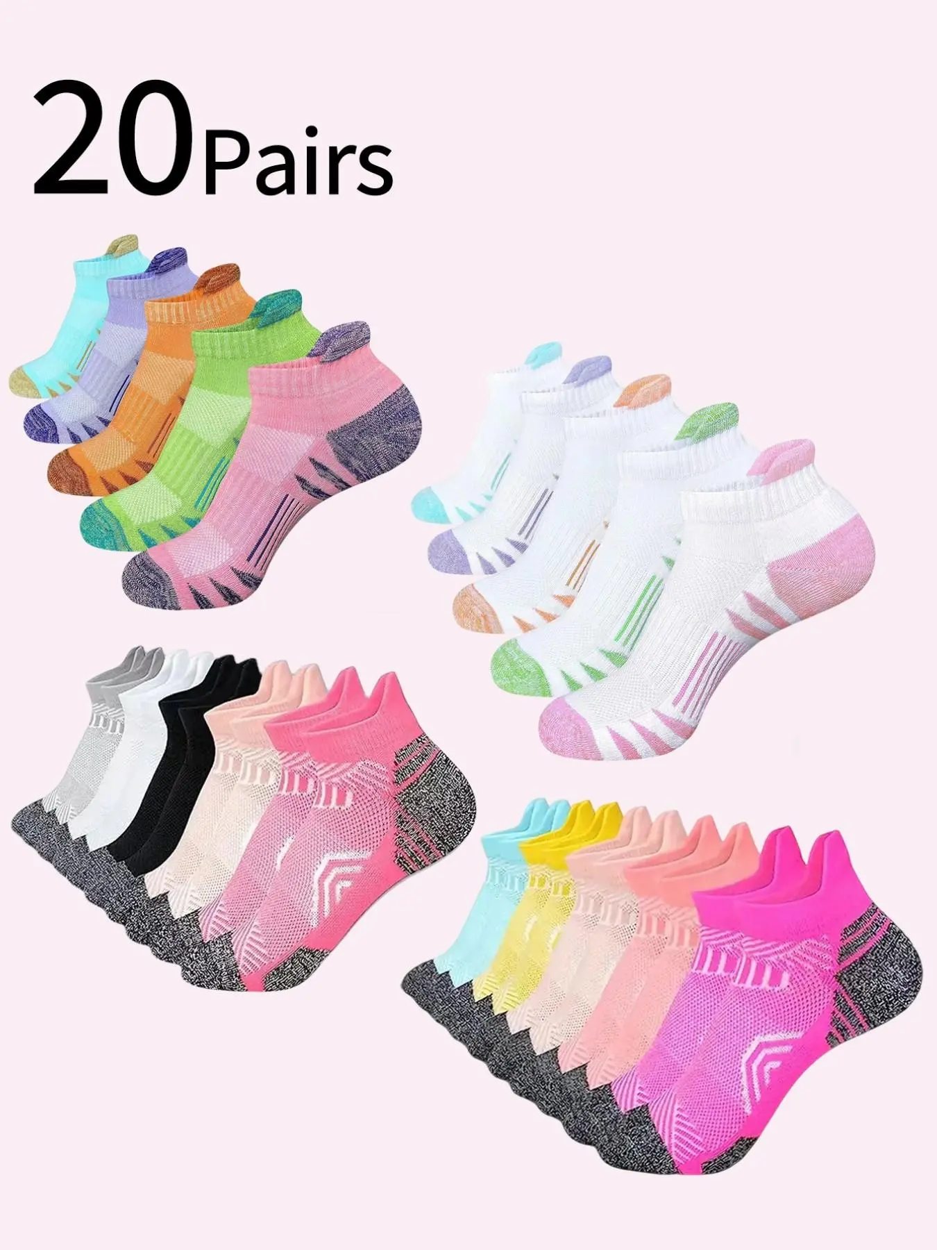 20 Pairs Women's Sport Socks, Sports Running Socks, Low Top Running Socks, Workout Socks, Colorblock Shock Absorption, All Season Unisex, Fitness Training Socks