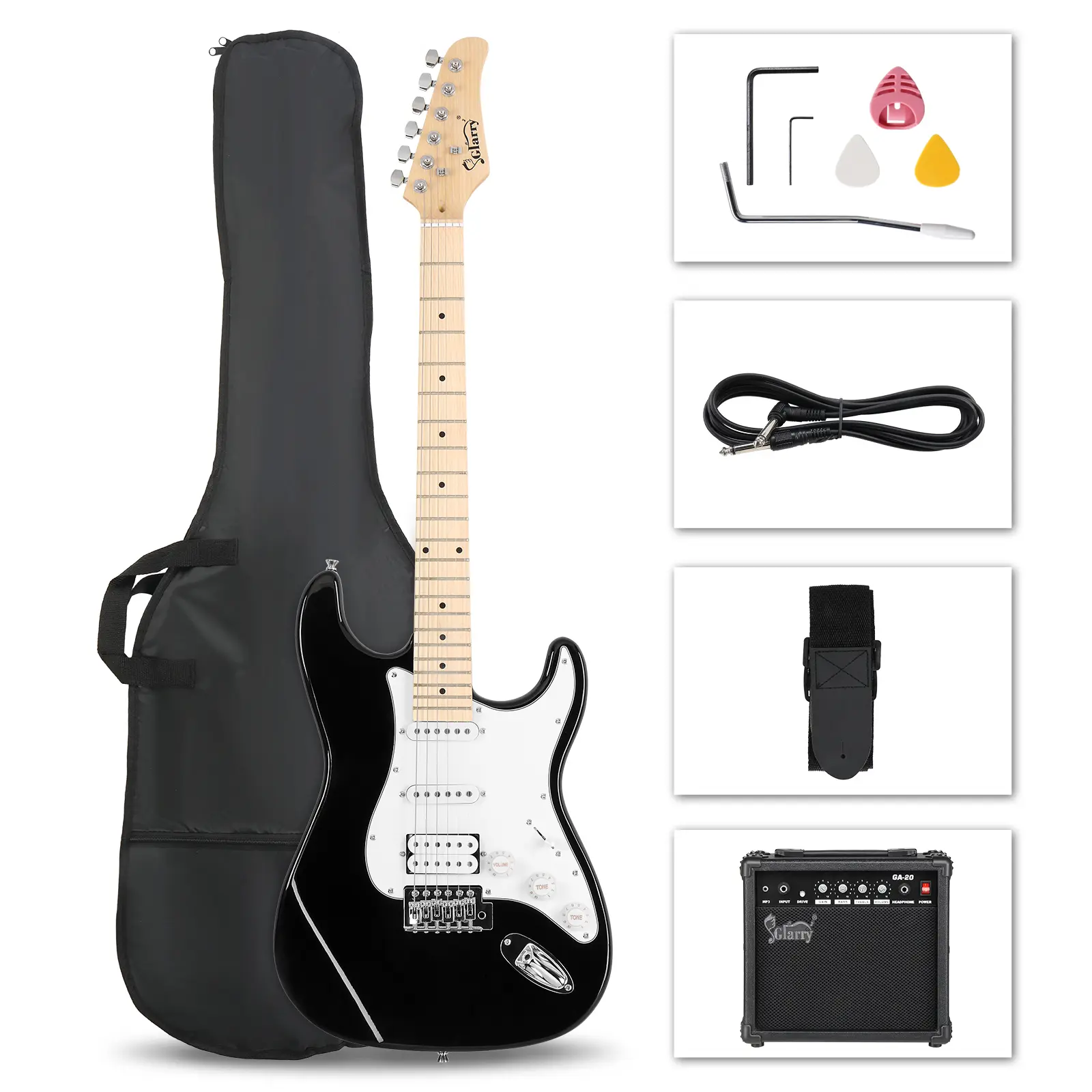 39" Full Size Electric Guitar Kit with HSS Pickup Coil Split, 20W Amplifier, Guitar Strap Belt, Black Bag & Accessories Pack for Beginners (String Instrument Set)
