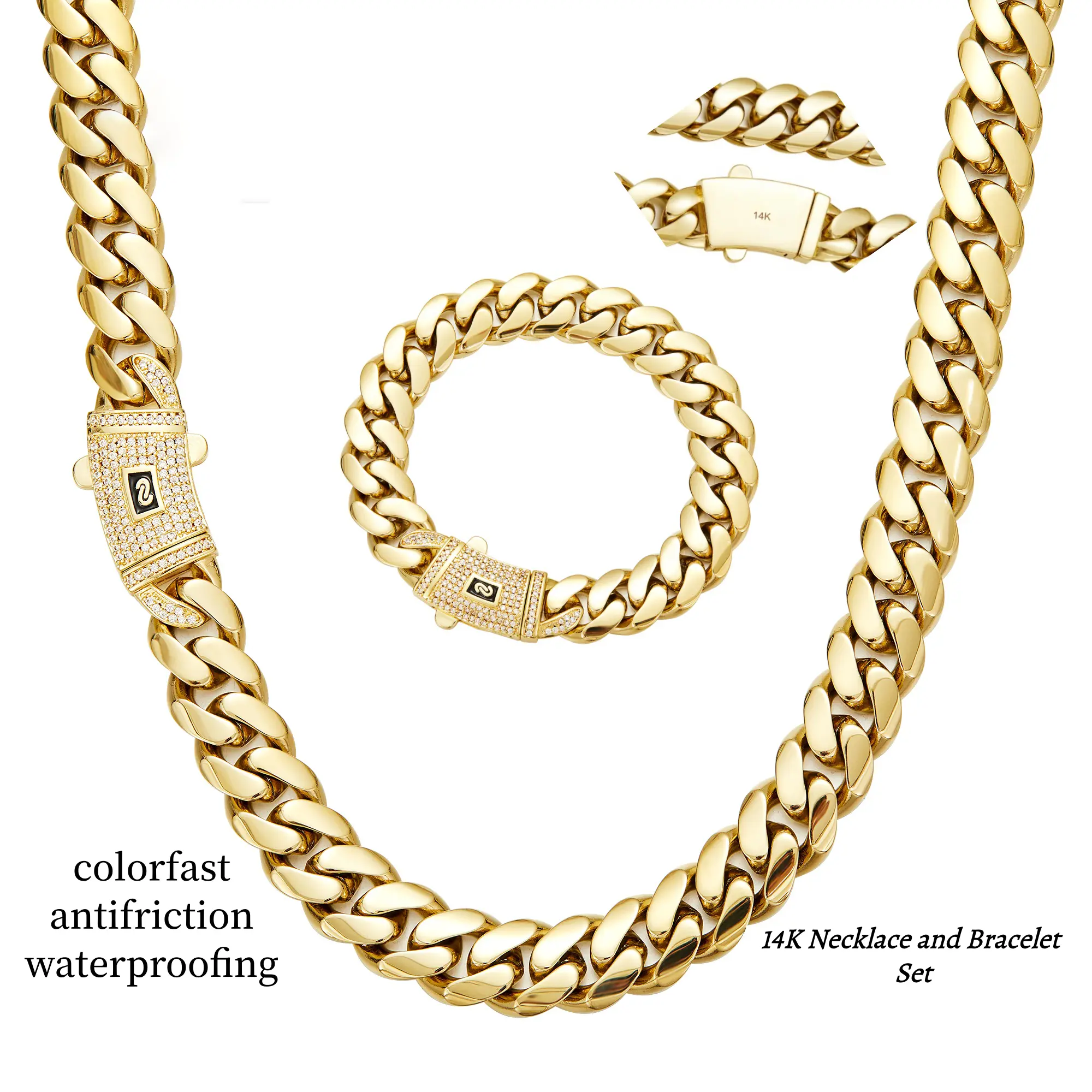 [New Upgraded Set] 14K Gold-Plated Cuban Necklace & Bracelet The latest electroplating gold-plating process for rust prevention 6mm/8mm/10mm/12mm/14mm Technology Waterproof Sweatproof Perfect Gift Jewelry Set Quality And Style,beautiful,