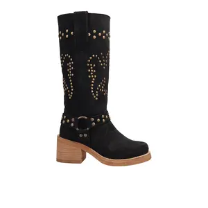 Dingo Womens Troubadour Studded Round Toe Pull On Casual Boots Over the Knee Mid Heel 2-3" - Black