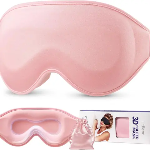 LitBear Pink 16mm Foam Sleep Eye Mask - Women's 3D Contoured Blackout Eye Cover, Sensitive Skin Safe, Breathable Fabric Stays Gentle, Lightweight, Adjustable Strap, Travel Pouch Included (Eyemasks for Sleeping, Back/Side/Stomach Use)