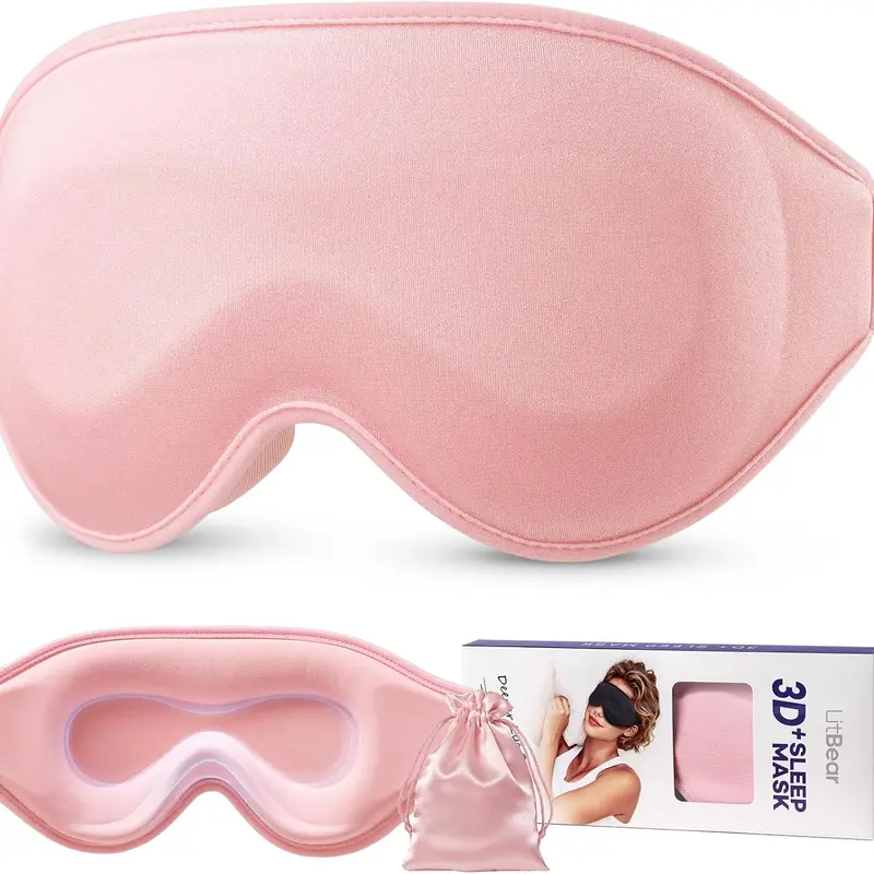 LitBear Pink 16mm Foam Sleep Eye Mask - Women's 3D Contoured Blackout Eye Cover, Sensitive Skin Safe, Breathable Fabric Stays Gentle, Lightweight, Adjustable Strap, Travel Pouch Included (Eyemasks for Sleeping, Back/Side/Stomach Use)