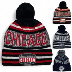 City Beanie Collection – Chicago Texas Dallas & New York Winter Hats with Pom Pom and Striped Design