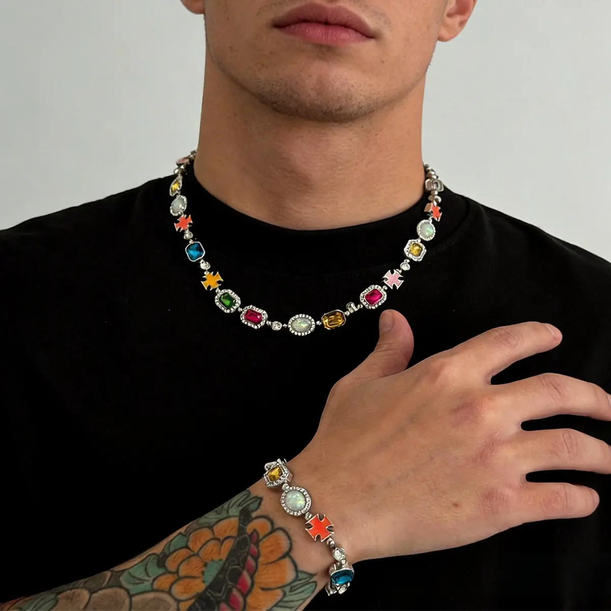 Men's Opal-Colored 3A Zircon Hip Hop Drip Oil Cross Necklace, Simple Fashion Clavicle Chain Jewelry with Cross Motif for Daily Wear & Gift Giving