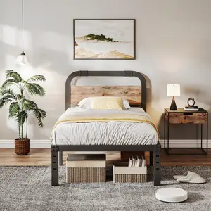 Aardhen 14 Inch Metal Bed Frame with Wooden Headboard & Strong Steel Slats No Box Spring Needed Easy Assembly for Modern Bedroom Interior Furniture