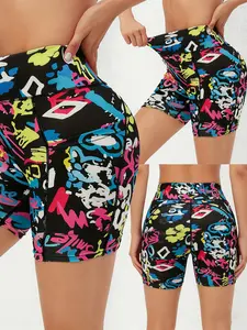 3-Print High-Waisted Butt-Lifting Quick-Dry Running Fitness Yoga Shorts, Women's Athletic Pants, High-Waisted Stretchy Fitness Shorts with Pockets - Vibrant Print Workout Shorts for Gym, Training & Casual Wear - Breathable Shorts for Women For Season