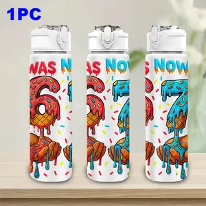 1pc Doughnut 67 pattern sports water bottle, 750Ml/26Oz Plastic Sports Water Bottle, Cute Printed Design, Leak-Proof with Pop-Up Lid, Perfect for Outdoor Activities, Fitness, Cycling, Yoga, an Ideal Gift for Birthdays, Christmas, Valentine's Day