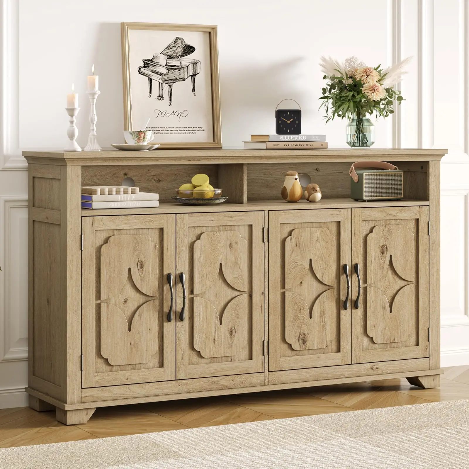 【SummerFinds】ONBRILL 60-In Modern Storage Cabinet - Sturdy Sideboard Buffet, Heavy-Duty Wood Credenza with 4 Carved Doors, Open & Adjustable Shelves, 20-25 Kg, Easy Install Sideboards for Kitchen, Living Room