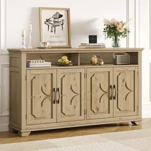 ONBRILL 60 Inches Sideboard Buffet Cabinet with Storage, Large Credenza with 4 Carved Doors, Open Storage Shelf, Adjustable Shelves, Coffee Bar Cabinet for Kitchen, Living Room