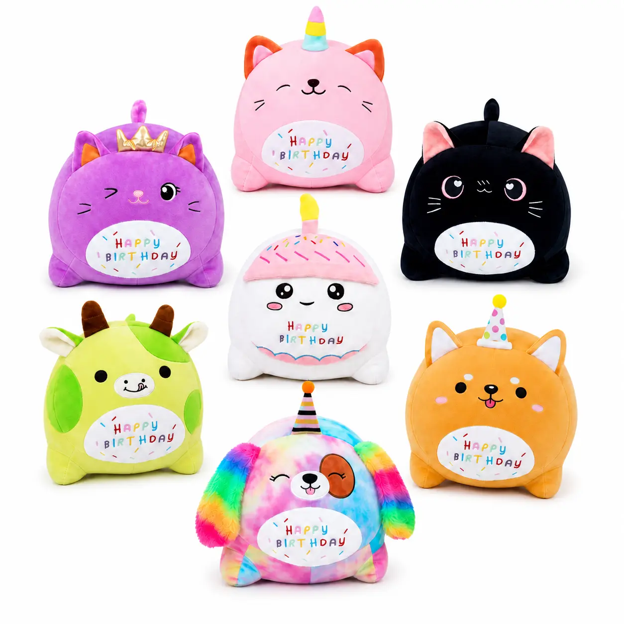 SNOWOLF Birthday Stuffed Animal Pillow 9Inch 15Inch Dog Cat Cow Unicorn Plush Toy with Happy Birthday Embroidery, Soft Kawaii Cat Pillow for Girls Kids, Cute Plush Birthday Gift, Bed Sofa Decor