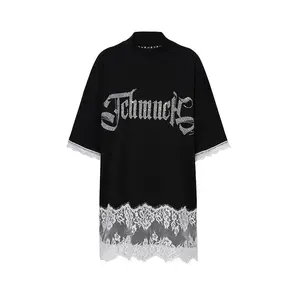 TCH Presale Rhinestone Contrast Lace Black T Shirt Dress Crewneck Womenswear Casual Shortsleeve