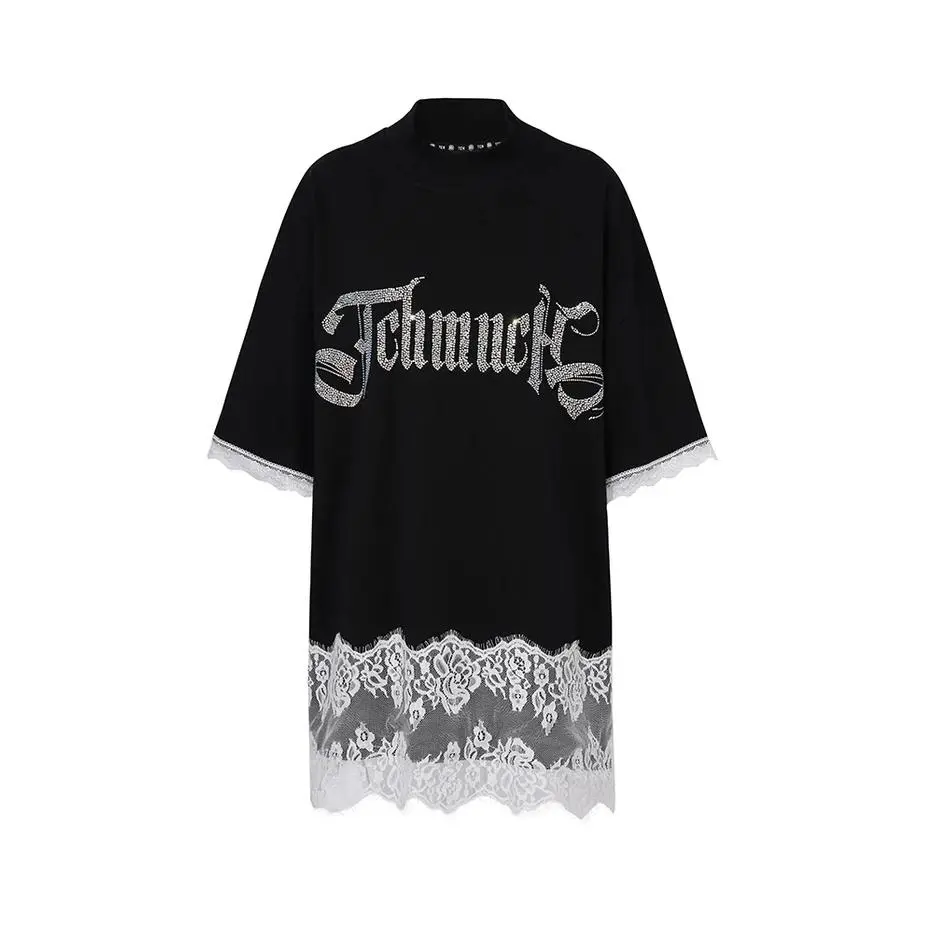 TCH Presale Rhinestone Contrast Lace Black T Shirt Dress Crewneck Womenswear Casual Shortsleeve