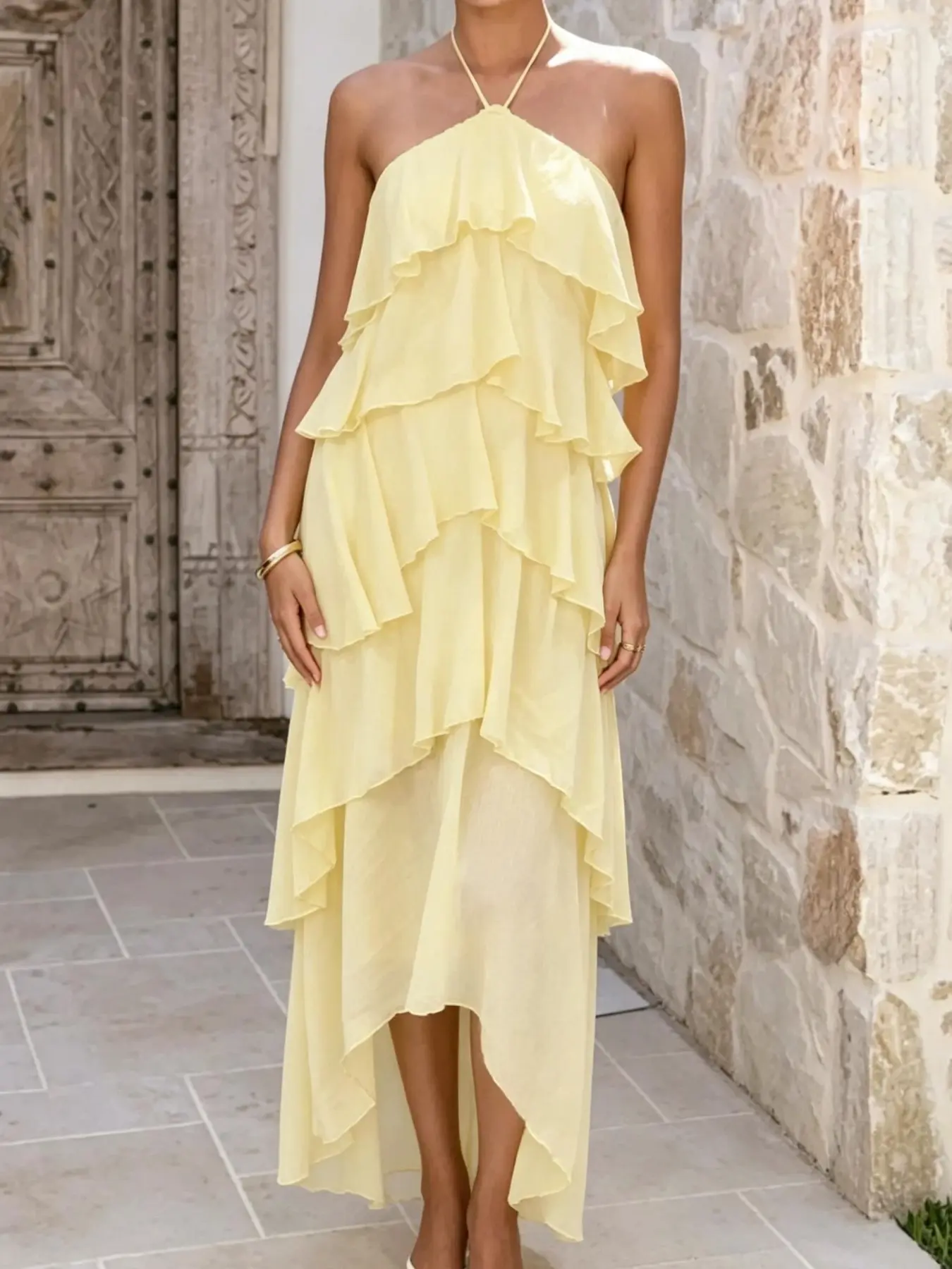 French Style Elegant Solid Backless Strapless Asymmetrical Tiered Layered Ruffle Dress, Lightweight Long Flowing Beach Party Dress, Romantic Sweet Fairy Theme, Perfect for Vacation, Dates, Birthdays