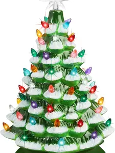 15in Ceramic Christmas Tree, Pre-lit Hand-Painted Tabletop Holiday Tree, 2 Star Toppers, 64 Lights - Flocked w/Multicolored Bulbs