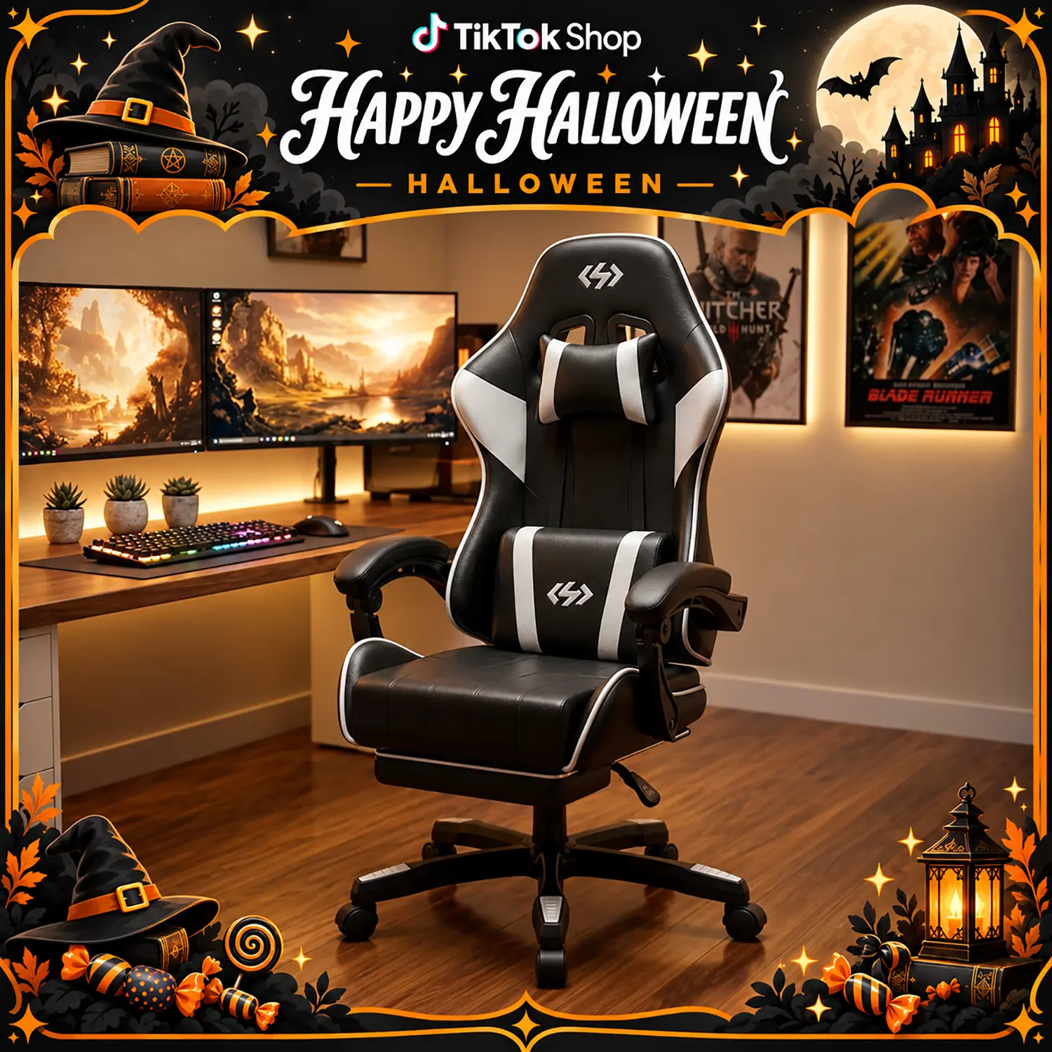 Ecofurnix Modern PU Leather Gaming Chair - BIFMA-Certified Base, Ergonomic High-Back Computer Office Chair with 30D Memory Latex Lumbar Support, Headrest, Footrest, Adjustable Armrest, 360° Swivel, Adjustable Height, Heavy-Duty Casters