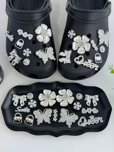 16-Piece Elegant Silver Color Rhinestone Shoe Clips Set, Butterfly Flower & Queen Decorations, Trendy Hole Shoes Accessories, Bling Shoe Charms