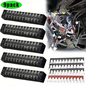 9PCS 12 Positions Dual Row 600V 15A Screw Terminal Strip Blocks with Cover + 400V 15A 12 Positions Pre-Insulated Terminals Barrier Strip (Black & Red) Electrical Sockets Accessories