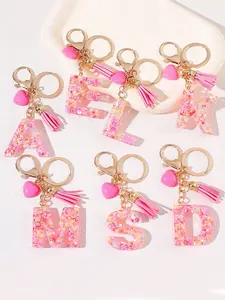1pc Pink Heart Tassel Resin Keychain with Alphabet Charm, A-Z Letter Key Ring, Lobster Clasp, Cute Charms Keychain, Decorative Ladies Keychain for Bags, for Birthday Festival Gift, Trendy Cute Keychain