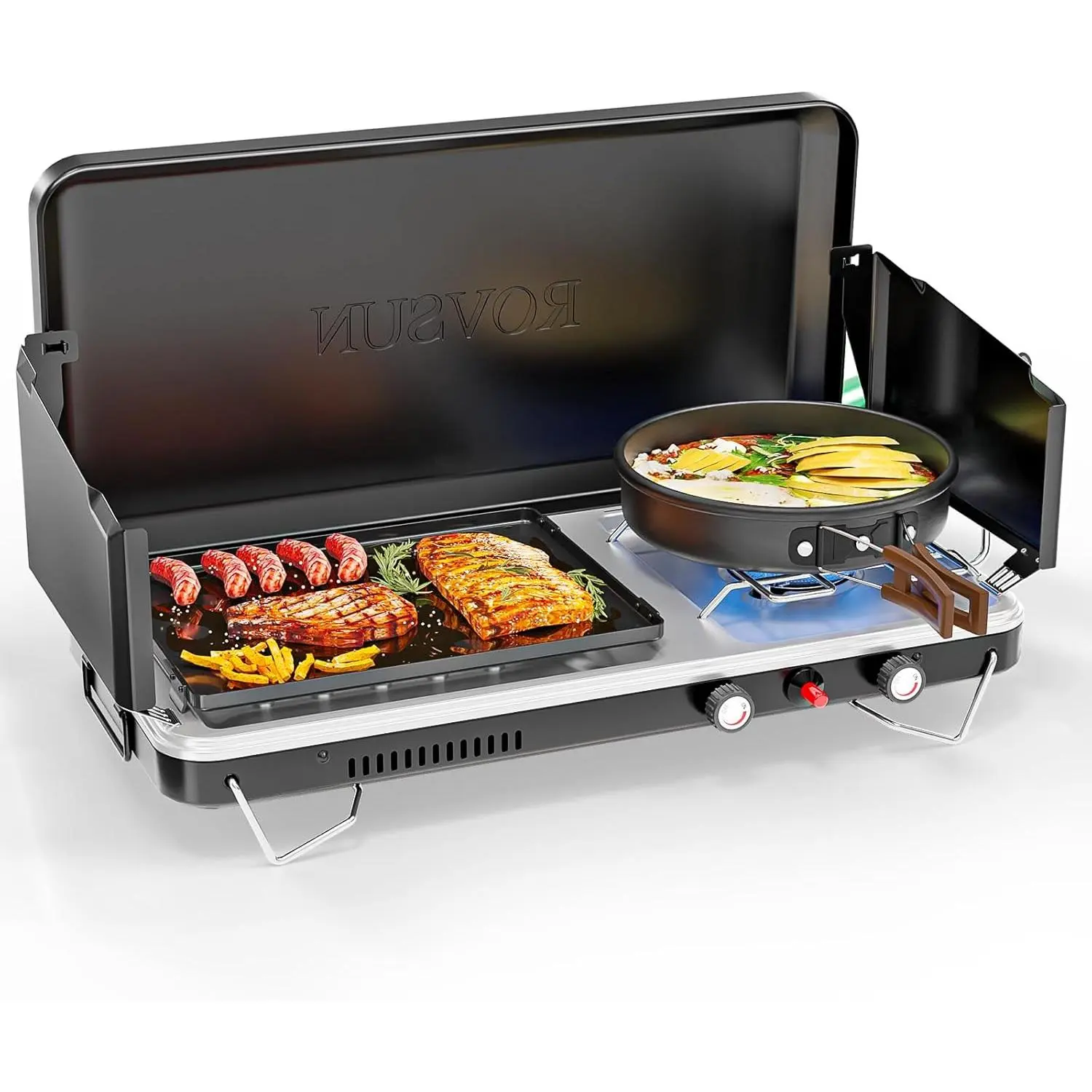 ROVSUN 2-in-1 Portable Camping Stove & Propane Grill with Enamel Griddle & Piezo Igniter, Tabletop Camp Stove with Built-in Handle, Wind Panel & Regulator for Outdoor Camping, Tailgating, Grilling