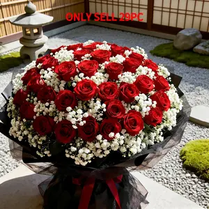 29 Pcs Artificial Red Roses Flowers with White Baby's Breath Perfect Combination, Artificial Flowers Bouquet, Suitable for Cemetery Decor Home Indoor/Outdoor Decor Wedding Centerpieces, Office Decor Outdoor Garden, Valentine's Day, Anniversary