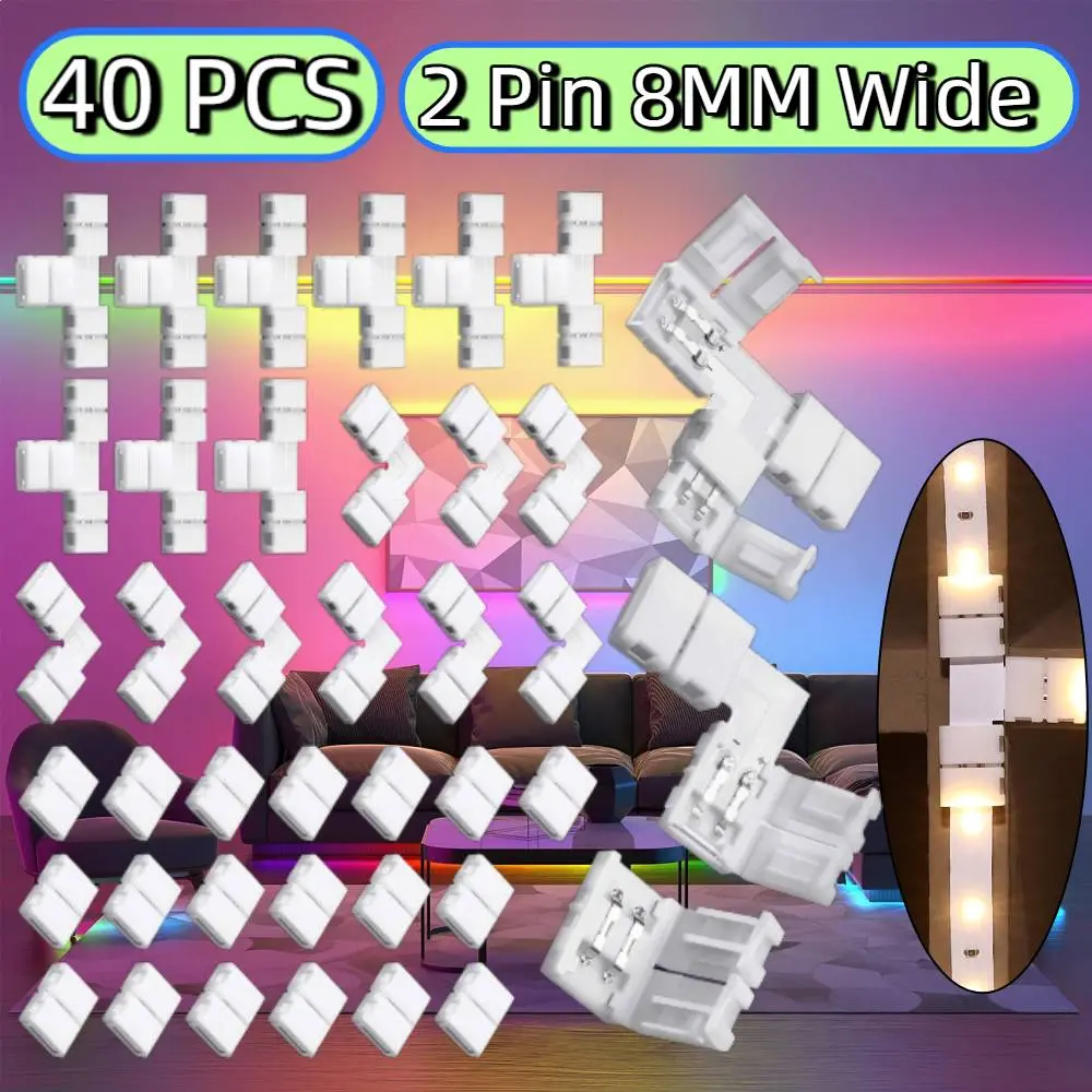 40-Piece Gapless Solderless LED Strip Connectors Set (10 T-Shape, 20 Gapless 2-Pin, 10 L-Shape) - 8mm 2-Pin PBT Plastic 0-24V Adapters for 3528/2835 SMD RGB Strips, Automotive Car Repair Assembly Tools for Kitchen Use
