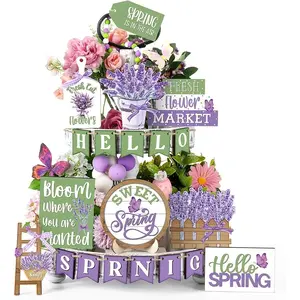 Wooden Sign Tiered Tray Decor, 20pcs/set Lavender Flower & Letter Pattern Wooden Sign, Home Decor for Kitchen, Living Room, Bedroom, Office
