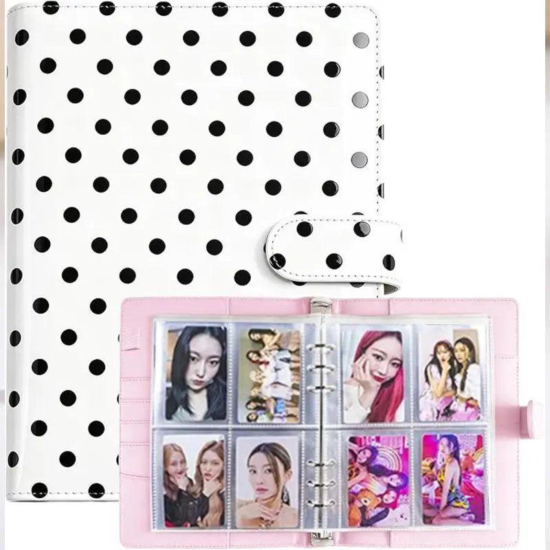 A5 Kpop Polka Dot Photocard Collector Album, PU Leather 6-Ring Binder with 30 4-Pocket Pages, 240 Card Slots, Magnetic Buckle Closure for Trading Card Organization