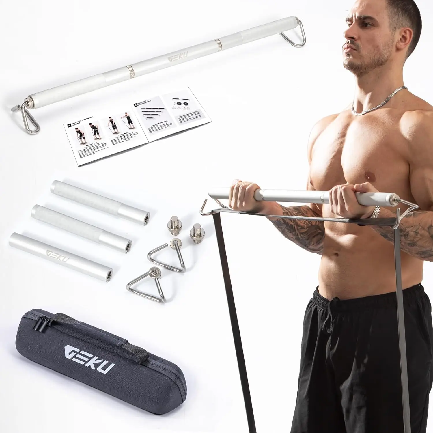 GEKU FIT Aluminum Resistance Band Bar, 3-Section Detachable Heavy-Duty Workout Bar with Enlarged Metal Hooks for Strength Training, Home Gym Exercises, Stretch Bar, Yoga Bar, Home Fitness, Full Body Workout, Fitness Equipment, Home Workout, Exercise Stick