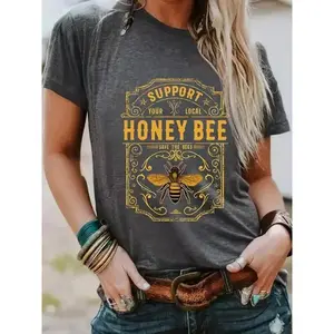 Women's Trendy Vintage Honey Bee Print T-Shirt, Casual Round Neck Short Sleeve Tee for Summer Daily Wear