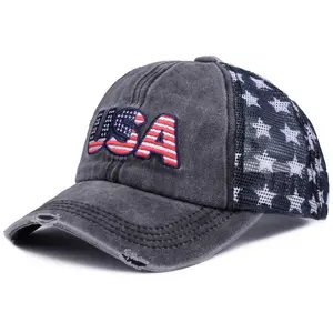 Washed cotton vintage baseball cap with embroidery, American flag embroidered cap, mesh cap, five-pointed star mesh cap