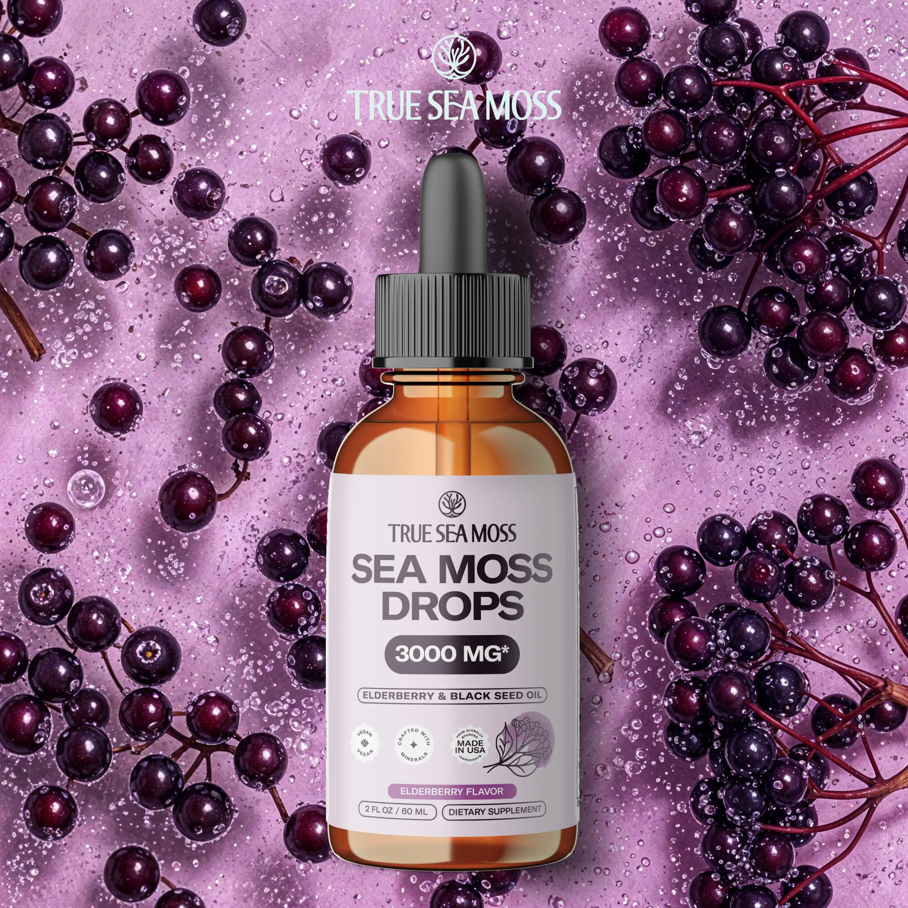 TrueSeaMoss Irish Sea Moss Drops – Elderberry Flavor – 5X Stronger Than Sea Moss Gel – With Bladderwrack, Burdock Root & Black Cumin – Rich in Mineral