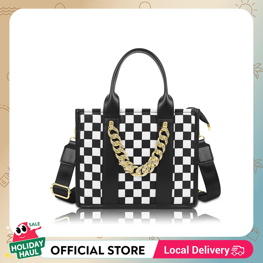 Women's Checkered Plaid Nylon Minimalist High-Capacity Crossbody Tote Purse - Lightweight Chain Strap, Adjustable Strap, Zip Closure, Casual Trendy Bag, for Work & Outings, Chain Strap Crossbody